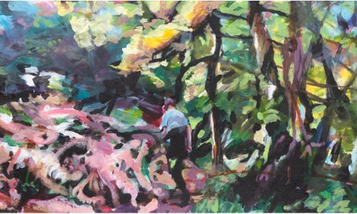 Into the Woods. Oil and acrylic on card. © copyright Iain McClure 2021.
